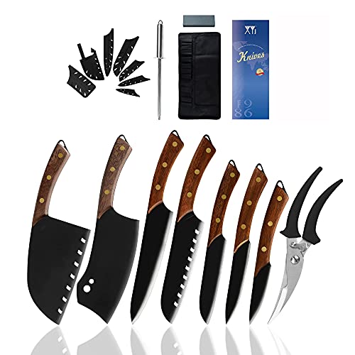 XYJ 7 Piece Knife Set With Sheath Kitchen Large German Stainless Steel Full Tang Cooking Knife Set With Roll Bag Sharpening Stick Whetstone Blade Guard Great Gifts For Chef