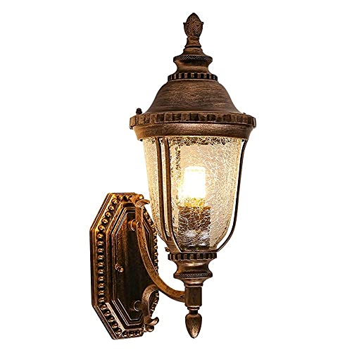 American Rustic Lantern Wall Light Retro Led Antique Fixture Oil Rubbed Bronze Finish Aluminum 45Cm Sconce with Cracked Glass Shade Vintage Lamp for Home Bedroom Garden Yard