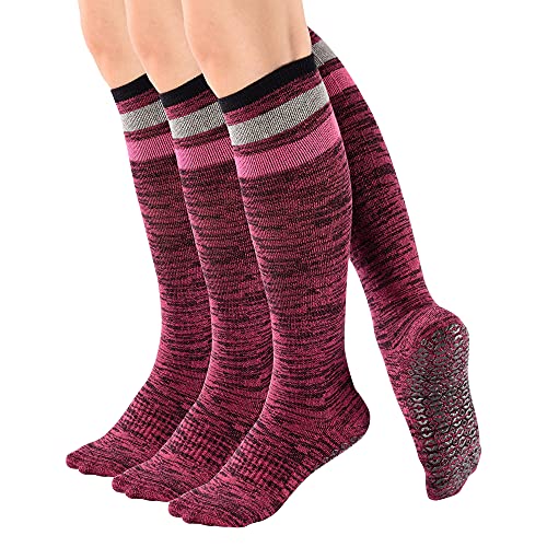 Teebulen Women’s 3 Pairs Purple Anti Skid Non Slip Odor Control Grips Compression Knee High Yoga Pilate Fitness Socks Stocking,Size 5-10