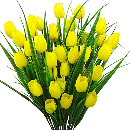 Guagb 8 Bundles Outdoor Artificial Tulips Fake Flowers UV Resistant Faux Plastic Greenery Shrubs Plants for Home Outside Garden Porch Window Farmhouse Decor (Yellow)