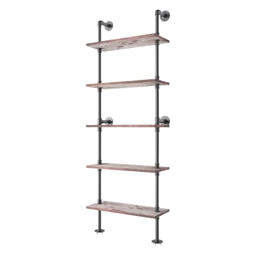 Yuanshikj 5 Tier Industrial Pipe Solid Wood Ladder Shelf/Shevles/Shelving Bookshelf/Bookcase Retro Metal Iron Pipes Wood Planks Rustic Display Wall Mounted for Collection Living Room Decor Storage