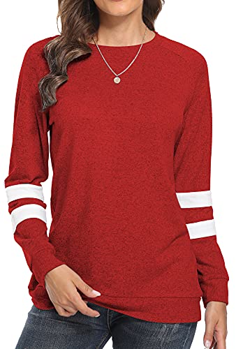 Makamaka Womens Sweaters Long Sleeve Shirts for Women Blouses Crewneck Sweatshirts Tunic Tops(Red L)
