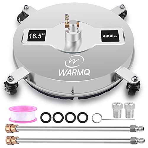 WARMQ 16.5” Pressure Washer Surface Cleaner with 4 Wheels Stainless Steel Housing Power Washer Surface Cleaner with 2pcs Replacement Nozzles & 2pcs 15” Extension Wands 4000PSI