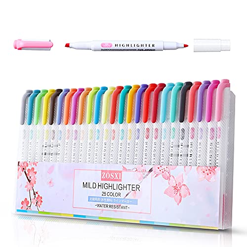 Zosxi Highlighters Double Ended 25 color Mild Highlighters Fluorescent Marker pen for Underlining Highlighting Broad and Fine Tips dual-tips highlighters set