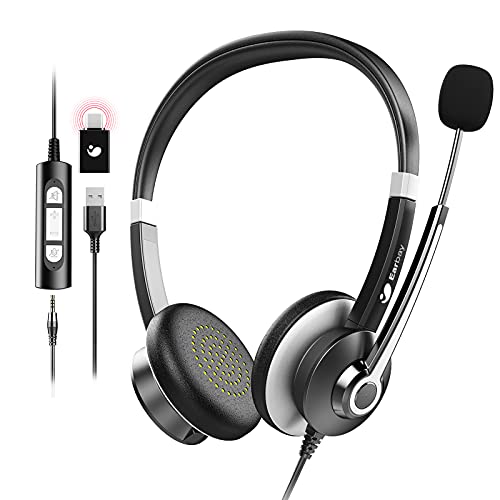 USB Headset With Microphone For Laptop, 3.5mm Jack On-Ear Headphones With Mic Noise Cancelling For PC, Wired Computer Headsets USB Type-C Adapter For Cell Phone/Call Center/Skype/Zoom/Webinar/Ms Teams