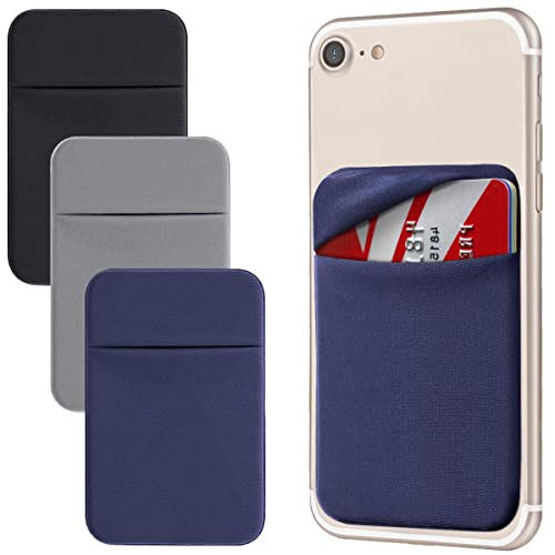 Phone Card Holder for Back of Phone, Stretchy Lycra Phone Wallet Stick On Credit Card Holder for Phone Case Adhesive Phone Pocket Sticker Compatible with iPhone, Samsung – Black, Blue, Gray 3Pack