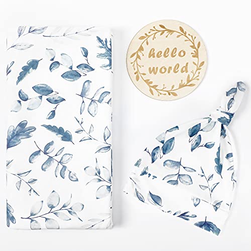 3 Pieces Muslin Eucalyptus Swaddle Blanket with Hat Wood Birth Announcement Card Hospital Receiving Blanket Boho Vintage Greenery Newborn Swaddle Bedding for Newborn Unisex | The Storepaperoomates Retail Market - Fast Affordable Shopping