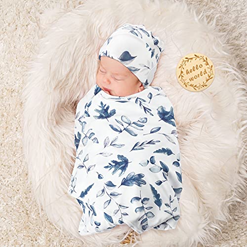 3 Pieces Muslin Eucalyptus Swaddle Blanket with Hat Wood Birth Announcement Card Hospital Receiving Blanket Boho Vintage Greenery Newborn Swaddle Bedding for Newborn Unisex | The Storepaperoomates Retail Market - Fast Affordable Shopping