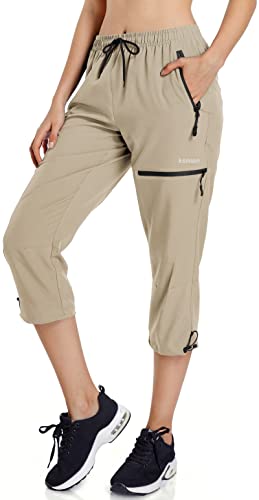 Ksmien Women’s Lightweight Hiking Capri Pants Quick Dry Workout Cargo Capris Water Resistant UPF 50+ Zipped Pockets