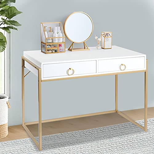 Anmytek Home Office Writing Desk 2 Drawers Storage, Contemporary Makeup Vanity Table Study Desk, W/Matte White and Gold Finish Frame D0003 | The Storepaperoomates Retail Market - Fast Affordable Shopping