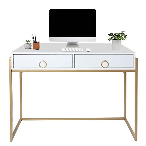 Anmytek Home Office Writing Desk 2 Drawers Storage, Contemporary Makeup Vanity Table Study Desk, W/Matte White and Gold Finish Frame D0003 | The Storepaperoomates Retail Market - Fast Affordable Shopping