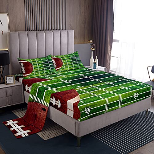 American Football Bed Sheets Set Twin for Boys Bedroom Decor,Sports Games Fitted Sheet American Football Field Illustration Bedding Set 3Pcs (1 Fitted Sheet+1 Flat Sheet+1 Pillowcase),Green Brown