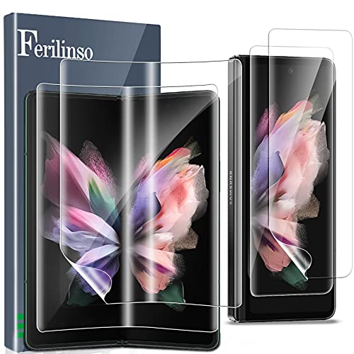 Ferilinso Designed for Samsung Galaxy Z Fold 3 5G Flexible TPU Screen Protector 2 Pack Front with 2 Pack Inside, Support Fingerprint Unlock, Case Friendly, Bubble Free, High Definition, Anti-Scratch