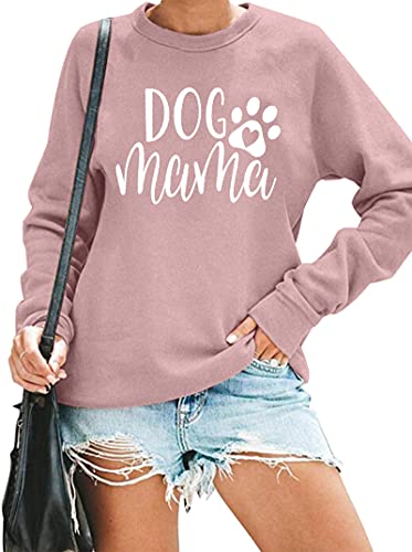 ALLTB Dog Mom Sweatshirt Women Dog Mama Shirt Pullover Cute Dog Sweater Long Sleeve Letter Print Tshirt Tops Peach