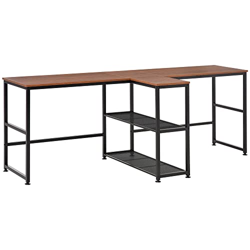 HOMCOM 83″ Two Person Computer Desk with 2 Storage Shelves, Double Desk Workstation with Book Shelf, Long Desk Table for Home Office, Dark Walnut