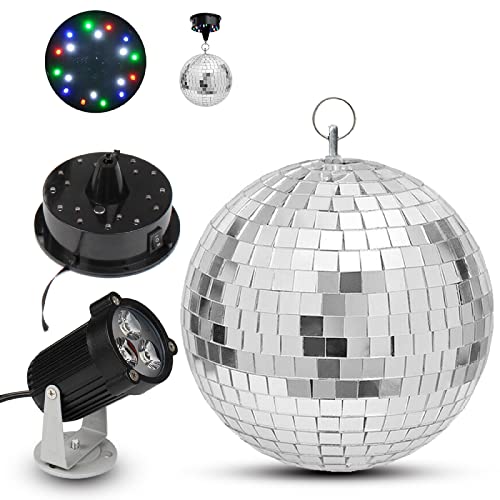 Hotwin 8″ Disco Light Mirror Ball, with Motor and RGB LED Light Rotating Spotlight Kit for DJ Stage Party Room Decoration
