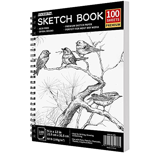 FIXSMITH 9″X12″ Sketch Book | 100 Sheets (68 lb/100gsm) | Durable Acid Free Drawing Paper | Spiral Bound Artist Sketch Pad | Ideal for Kids,Beginners,Artists & Professionals| Bright White