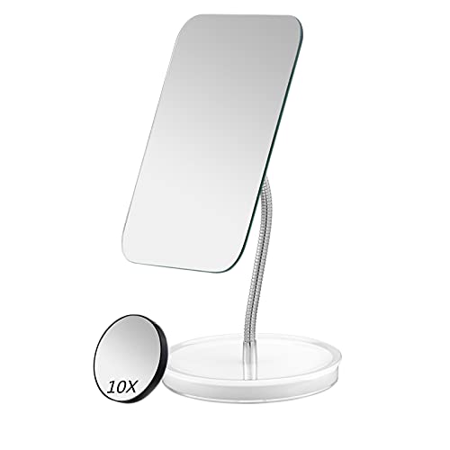Jasefa Desk Makeup Mirror with Detachable 10x Magnification ,360° Rotation Flexible Gooseneck Mirror with Stand ,Tabletop Cosmetic Mirror,Good for Shower Shaving Traveling-Rectangle