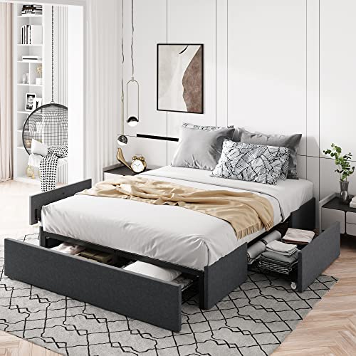 Allewie Queen Size Platform Bed Frame with 3 Storage Drawers, Upholstered Wing Side Panel Design, Wooden Slats Support, No Box Spring Needed, Noise Free, Easy Assembly, Dark Grey
