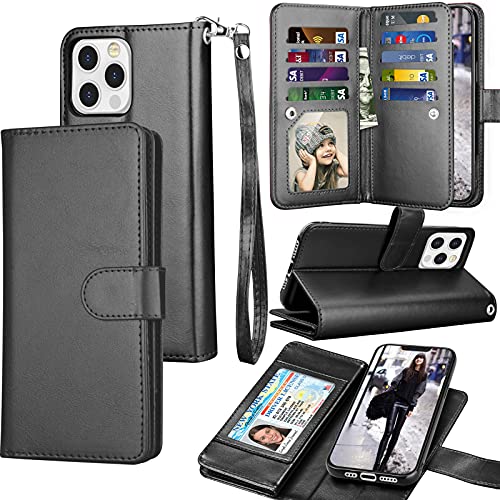 Tekcoo Wallet Case for iPhone 13 Pro Max (6.7 inch) 2021 Luxury ID Cash Credit Card Slots Holder Carrying Pouch Folio Flip PU Leather Cover [Detachable Magnetic Hard Case] Lanyard – Black