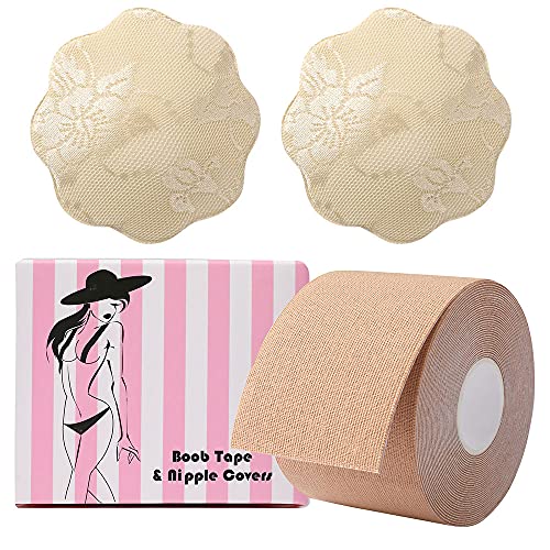 Okela Breast Lift Tape, Sweat Proof Bob Tape Body Tape for All Breast, Instant Boobytape Lift Athletic Tape Kinesiology Tape with Reusable Lace Breast Cover (Nude)