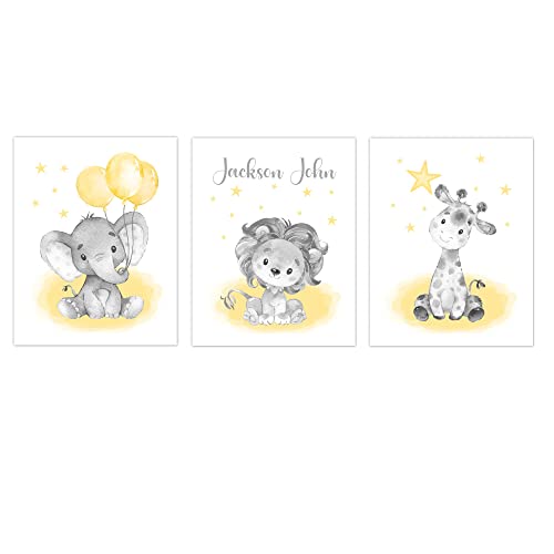Personalized Baby Nursery Wall Art Gender Neutral Yellow Safari Animals Set of 3 Prints