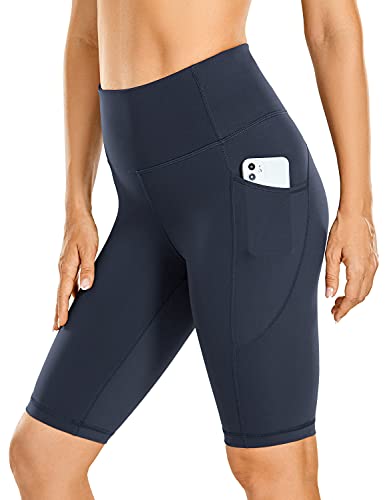 CRZ YOGA Women’s Naked Feeling Long Biker Shorts – 10” High Waisted Workout Gym Running Spandex Shorts Side Pockets Navy Medium