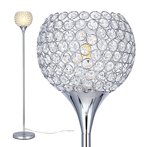 DFL Spherical Crystal Floor Lamp, 7.9 inch Shade 1-Light Modern Chrome Finish Floor Lamp, Crystal Floor Lamp Fixture for Living Room, Bedroom, Dining Room, Office, E26 Base, LED Bulb Included