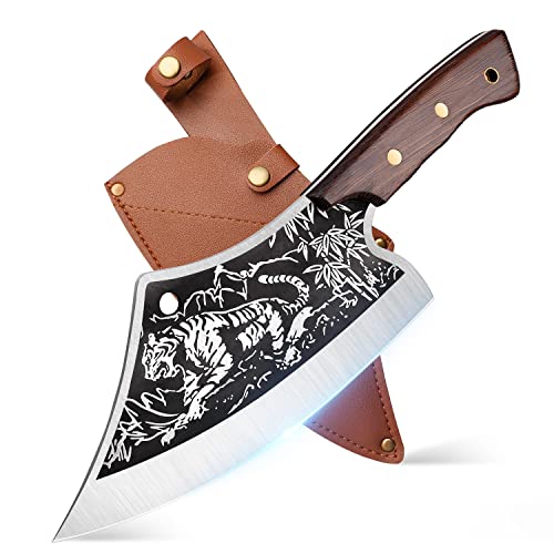 DRGSKL Meat Cleaver Knife Carved with Tiger Pattern Full Tang Handle Knife Hand Forged Heavy Duty Cleaver Butcher Knife Bone Chopper Cleaver with Belt Sheath Thanksgiving Christmas Gift