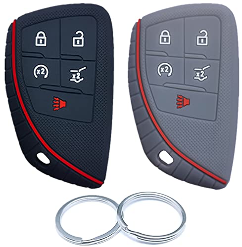 RUNZUIE 2Pcs 5 Buttons Silicone Smart Remote Key Fob Cover Compatible with 2022 2021 2020 Chevy Chevrolet Suburban Tahoe GMC Yukon Gray/Black