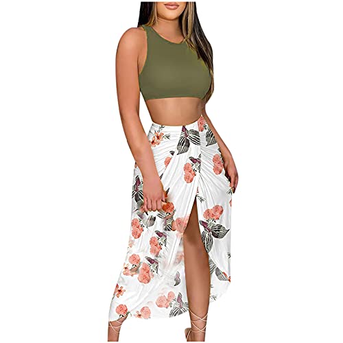 Ruched Bodycon Midi Skirt Set for Women Crop Tops Floral Printed Draped Skirt Beach Party 2 Piece Outfits Green