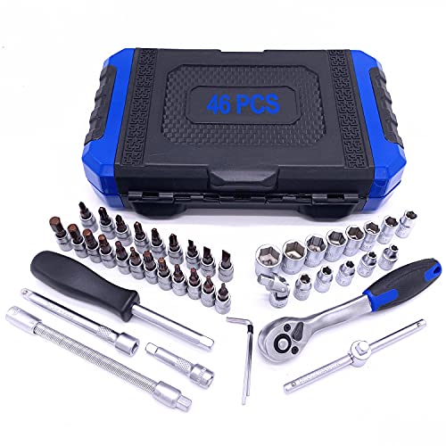 SRUNV Socket Wrench Set Metric and Standard 1/4-inch Drive,4-14mm,CR-V Sockets, S2 Bit Sockets and Extension Bar , with 72-Teeth Quick-Release Ratchet Wrench, for Auto Repair & House Hold, 46-Pieces