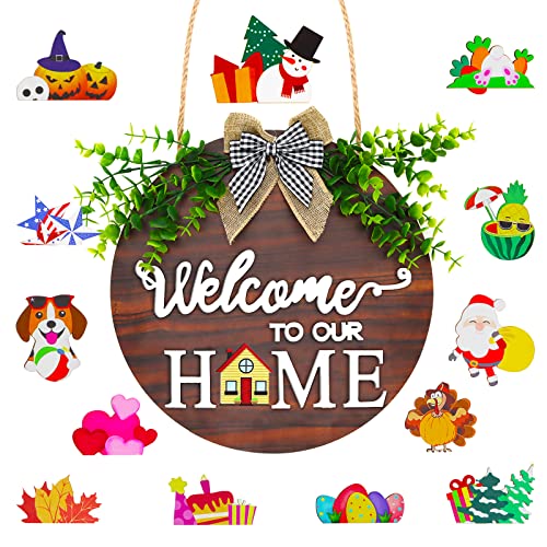 Interchangeable Welcome Sign for Front Door, Wodine Porch Wreath with Seasonal Icons Decor,Farmhouse Rustic Wood Hanger,Outdoor Hanging Decoration fo Home Easter Christmas (Brown)