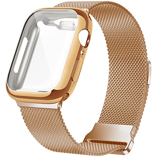 Geoumy Metal Magnetic Bands Compatible for Apple Watch 38mm with Case, Stainless Steel Milanese Mesh Loop Replacement Strap Compatible with iWatch Series 8/7/6/5/4/3/2/1 SE Women Men, Rose Gold