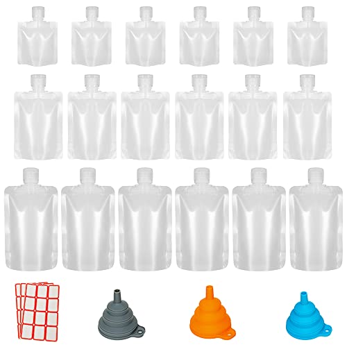HQLESHUI 18 Pieces 3 Sizes 30ml/50ml/100ml Travel Size Refillable Empty Squeeze Pouch, Stand Up Pouch for Toiletry, Lotion Shampoo Shower Gel Squeezable Bags, Leakproof Cosmetic Containers