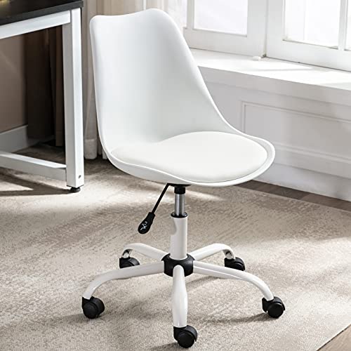 Janoray Modern Desk Chair, Swivel Rolling Home Office Task Chair Cute Computer Chair Armless PU Leather Seat for Work, Study, Vanity, Student, Teens, Women, Girls, Kids, White
