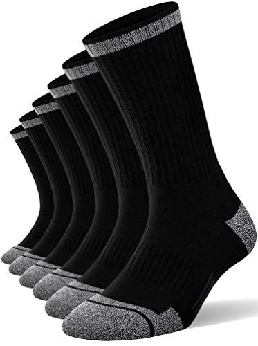 FITRELL 6 Pack Men’s Athletic Crew Socks Cushioned Work Boot Socks, Black, Large, Shoe Size 9-12