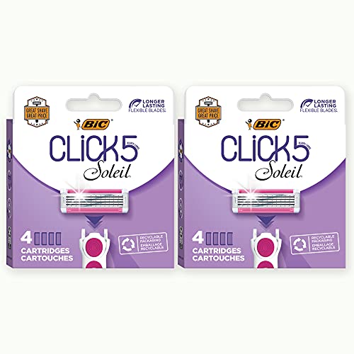 BIC Click 5 Soleil Women’s Razor Refills with 5 Flexible Blades and Recyclable Box, Pink, 8 Count