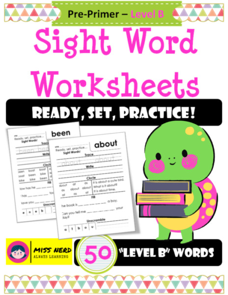 50 Sight Word Worksheets (Pre-Primer – Level B)