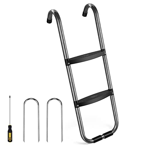Universal Trampoline Ladder 2 Steps for Trampoline, Rust-Resistant Steel Ladder with Wide Skid-Proof Steps, 41inch Length Trampoline Accessories(inlude 2 Trampoline Stake+Phillips Screwdriver