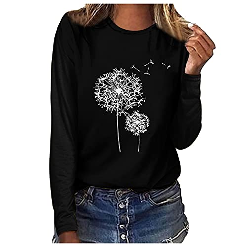 Beclgo Womens Dandelion Flower Graphic Long Sleeve Tops for Autumn and Winter Black Trendy Thermal Casual Tee Shirts(Black,M)