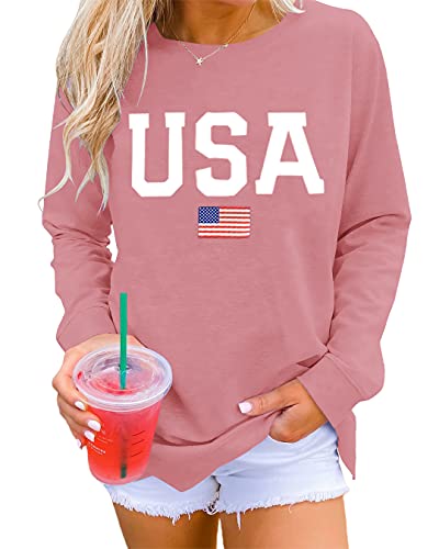 Dressmine Women’s Casual USA Flag Shirts America Tops Long Sleeve Graphic Crew Neck Sweatshirt Pullover Deep Pink Medium