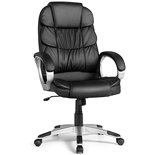 COSTWAY Ergonomic Office Chair, PU Leather High Back Desk Chair with Rocking Function, Adjustable Height, Padded Armrest, 360 Rotation Wheels, Executive Chair Ideal for Office, Home, Black