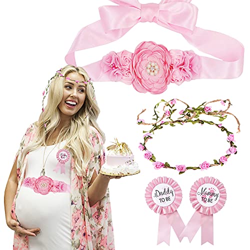 Baby Shower Sash Maternity Sash Mommy to Be & Daddy to Be Corsage Pink Flower Crown Pregnancy Sash Flower Belly Belt Baby Shower Kit Party Favors Baby Boy Pregnancy Photo Prop