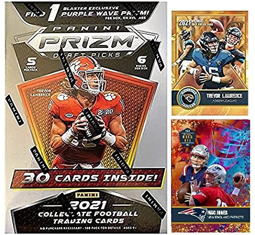 2021 Panini PRIZM Football Draft Picks FACTORY Sealed UNOPENED Blaster Box w/30 Cards including 1 Purple Wave Prizm – Look for TREVOR LAWRENCE, JUSTIN FIELDS, MAC JONES Rookie Cards! – Include Novelty Trevor Lawrence and Mac Jones Cards Shown