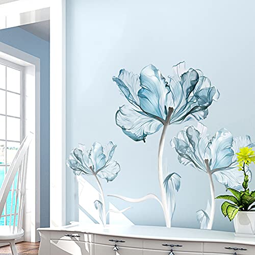 Blue Dream Flower Wall Stickers, ULENDIS DIY Removable Large White Light Blue Floral Lotus Wall Decals, Peel and Stick Mural Art for Nursery Living Room Bedroom Backdrop Wallpaper Home Decor