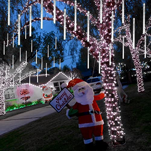 YEGUO Solar Meteor Shower Lights Outdoor, White Solar Christmas Lights 11.8in 8 Tubes 144 LED, Falling Raindrop Solar Tree String Lights