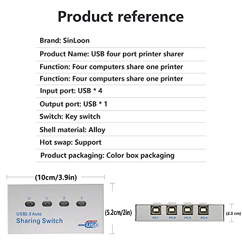 SinLoon Printer Splitter,USB Printer Sharing Switch4 Ports,4 PCs Share 1 USB Device,High Speed Sharing Switcher Printer Scanner External(1 to 4) | The Storepaperoomates Retail Market - Fast Affordable Shopping