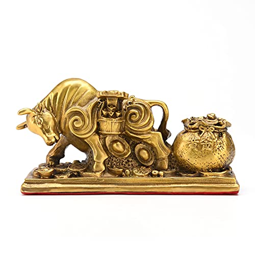 BRASSTAR Brass Feng Shui Bull Pulls Wealth with Coins Statue Fortune Luck Gather Figurine Business Gifts Financial Securities Mascot Office Home Decor TQZMPT1