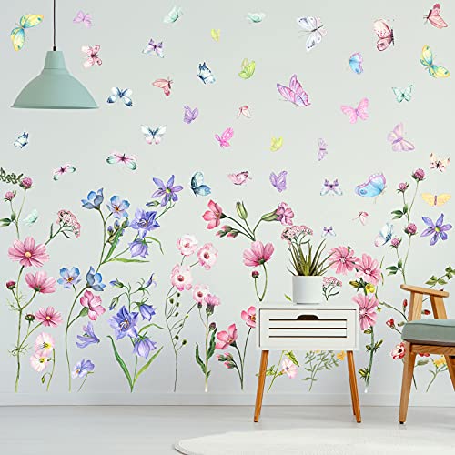 3 Sheets Flower Wall Decals Colorful Flower Decals Plants Flower Wall Stickers Butterfly and Dragonfly Wall Decals Wildflowers Wall Decals for Girls Kids Baby Bedroom Nursery Living Room Wall Decor